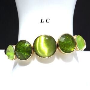 Vintage Liz Claiborne Gold Metal Spring Bracelet, Green Cabochons, 7 Inch